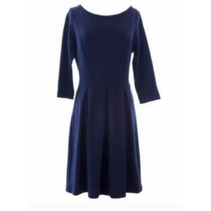 Boden LouLou Fit & Flare Pleated 3/4 Sleeve Dress Knee Length Navy Womens Size 8